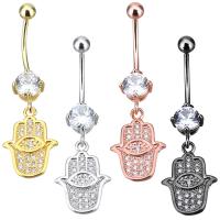 Brass Piercing Barbell, Hamsa, plated, with cubic zirconia 41mm 1mm, 4mm 