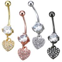 Brass Piercing Barbell, Heart, plated, with cubic zirconia 33mm 1mm, 4mm 