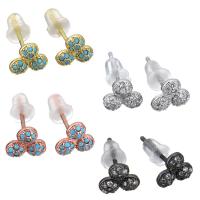 Brass Stud Earring, with rubber earnut, Flower, plated, micro pave cubic zirconia & for woman 