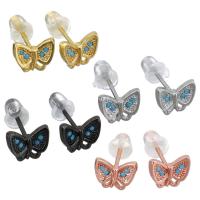 Brass Stud Earring, with rubber earnut, Butterfly, plated, micro pave cubic zirconia & for woman 