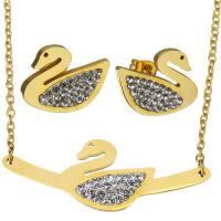 Rhinestone stainless steel Jewelry Set, earring & necklace, with Rhinestone Clay Pave, Swan, gold color plated, oval chain & for woman 2mm Approx 17 Inch 
