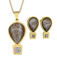 Stainless Steel Jewelry Set, earring & necklace, with Rhinestone Clay Pave & Resin, Teardrop, gold color plated, drawbench & oval chain & for woman 2mm Approx 19 Inch 