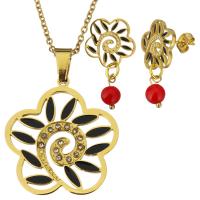 Stainless Steel Jewelry Set, earring & necklace, with Resin, Flower, gold color plated, oval chain & for woman & with rhinestone 2mm, 28mm Approx 19 Inch 