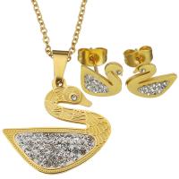 Rhinestone stainless steel Jewelry Set, earring & necklace, with Rhinestone Clay Pave, Swan, gold color plated, oval chain & for woman 2mm Approx 19 Inch 