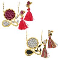 Stainless Steel Jewelry Set, earring & necklace, with Rhinestone Clay Pave & Nylon Cord & Resin, Flower, gold color plated, oval chain & for woman 2mm 30mm Approx 18 Inch 