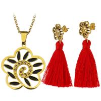 Stainless Steel Jewelry Set, earring & necklace, with Nylon Cord & Resin, Flower, gold color plated, oval chain & for woman & with rhinestone 2mm 43mm Approx 19 Inch 