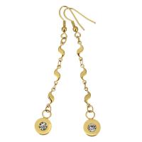 Stainless Steel Drop Earring, Flat Round, gold color plated, for woman & with rhinestone, 74mm 
