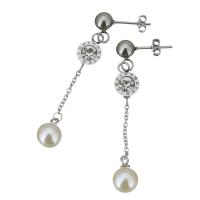 Stainless Steel Drop Earring, with Glass Pearl, Round, with roman number & for woman & with rhinestone, original color, 52mm 