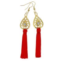 Stainless Steel Tassel Earring, with Nylon Cord, gold color plated, for woman & with rhinestone, 96mm 