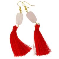 Stainless Steel Tassel Earring, with Nylon Cord & Rose Quartz, gold color plated, for woman, 83mm 