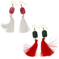 Stainless Steel Tassel Earring, with Dyed Jade & Nylon Cord, gold color plated, for woman 90mm 