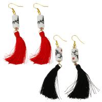 Stainless Steel Tassel Earring, with Porcelain & Nylon Cord, gold color plated, for woman 90mm 