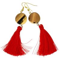 Stainless Steel Tassel Earring, with Nylon Cord & Crystal, gold color plated, for woman & faceted, 90mm 