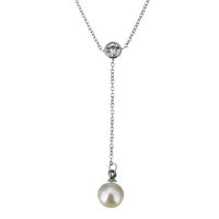 Stainless Steel Necklace, with Glass Pearl, with 2Inch extender chain, Round, oval chain & for woman & with rhinestone, original color, 52mm 1.2mm Approx 15 Inch 