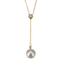 Stainless Steel Necklace, with Glass Pearl, with 2Inch extender chain, Round, gold color plated, oval chain & for woman & with rhinestone, 50mm 1.2mm Approx 16 Inch 