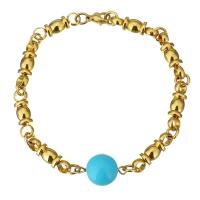 Stainless Steel Bracelet, with Dyed Jade, Round, gold color plated, for woman  Approx 8 Inch 