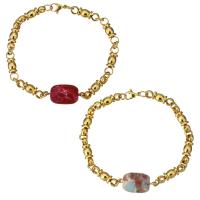 Stainless Steel Bracelet, with Impression Jasper, gold color plated, for woman Approx 8.5 Inch 