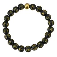 Black Agate Bracelets, with Stainless Steel, Round, gold color plated, for woman & gold accent, 8mm Approx 6.5 Inch 