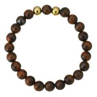 Tiger Eye Stone Bracelets, with Stainless Steel, Round, gold color plated, for woman, 8mm Approx 7 Inch 
