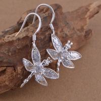 Brass Drop Earring, Dragonfly, real silver plated, for woman & with cubic zirconia, lead & cadmium free 