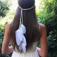 Velveteen Cord Headband, with Feather & Wood, Bohemian style & for woman, white Approx 19 Inch 