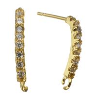 Brass Earring Stud Component, real gold plated, with loop & micro pave cubic zirconia 0.6mm Approx 0.8mm 