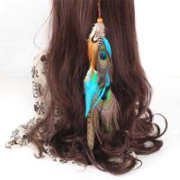 Wig Clip, Iron, with Feather & Velveteen Cord & Wood, plated, Bohemian style & for woman Inch 