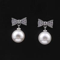 Freshwater Pearl Brass Earring, with South Sea Shell, Bowknot, platinum plated, micro pave cubic zirconia & for woman, nickel, lead & cadmium free, 15mm 