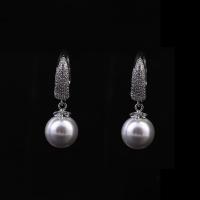 Freshwater Pearl Brass Earring, with South Sea Shell, Round, platinum plated, micro pave cubic zirconia & for woman, nickel, lead & cadmium free, 15mm 