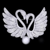 Cubic Zirconia Brooch, Brass, with South Sea Shell, Swan, platinum plated, micro pave cubic zirconia & for woman, nickel, lead & cadmium free 