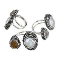 Stainless Steel Cuff Finger Ring, with Rhinestone Clay Pave & Ice Quartz Agate & Freshwater Pearl, for woman, mixed colors  US Ring 