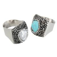 Stainless Steel Open Finger Ring, with Rhinestone Clay Pave & Synthetic Turquoise & Freshwater Pearl, for woman & mixed, original color, 22.5mm, US Ring 