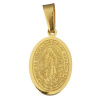 Stainless Steel Saint Pendant, Flat Oval, gold color plated, with letter pattern Approx 