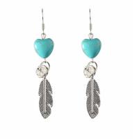 Turquoise Zinc Alloy Earring, with turquoise, Feather, antique silver color plated, for woman, 30mm 
