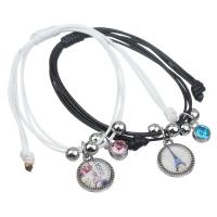 Zinc Alloy Couple Bracelet, with Waxed Linen Cord & Glass, Flat Round, platinum color plated, for couple & with rhinestone & decal, mixed colors, lead & cadmium free, 15mm Approx 7 Inch 
