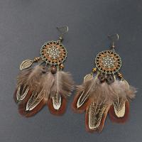 Fashion Feather Earring , Zinc Alloy, with Feather, iron earring hook, antique bronze color plated, for woman & with rhinestone, lead & cadmium free 