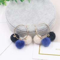 Zinc Alloy Drop Earring, with Rabbit Fur, stainless steel hoop earring, Round, gold color plated, for woman lead & cadmium free, 50mm 