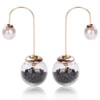 Acrylic Double Pearl Hoop Stud Earring, with ABS Plastic Pearl & Glass, iron earring hook, Round, gold color plated, for woman 