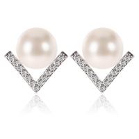 Zinc Alloy Stud Earring, with ABS Plastic Pearl, stainless steel post pin, platinum color plated, for woman & with rhinestone, lead & cadmium free 