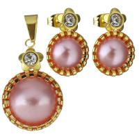 Stainless Steel Jewelry Set, pendant & earring, with Plastic Pearl, gold color plated, for woman & with rhinestone  Approx 