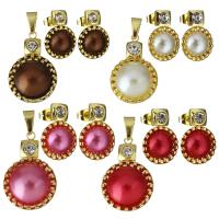 Stainless Steel Jewelry Set, pendant & earring, with Plastic Pearl, gold color plated, for woman & with rhinestone Approx 