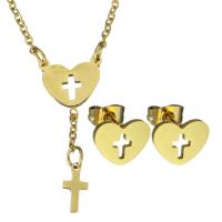 Fashion Stainless Steel Jewelry Sets, earring & necklace, Cross, gold color plated, oval chain & for woman  1.5mm Approx 18 Inch 
