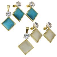 Stainless Steel Jewelry Set, pendant & earring, with Cats Eye, Rhombus, gold color plated, for woman & with rhinestone Approx 