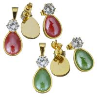 Stainless Steel Jewelry Set, pendant & earring, with Plastic Pearl, Teardrop, gold color plated, for woman & with rhinestone Approx 