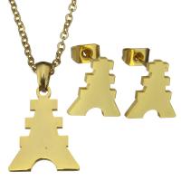 Fashion Stainless Steel Jewelry Sets, earring & necklace, Eiffel Tower, gold color plated, oval chain & for woman 2mm Approx 17 Inch 