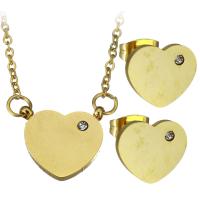 Rhinestone stainless steel Jewelry Set, earring & necklace, Heart, gold color plated, oval chain & for woman & with rhinestone 1.5mm Approx 17 Inch 