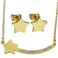 Rhinestone stainless steel Jewelry Set, earring & necklace, with Rhinestone Clay Pave, Star, gold color plated, oval chain & for woman 1.5mm Approx 17 Inch 