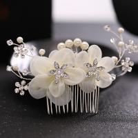 Bridal Decorative Hair Comb, Zinc Alloy, with ABS Plastic Pearl & Gauze & Crystal, Flower, silver color plated, for bridal & faceted & with rhinestone, lead & cadmium free 