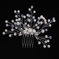 Bridal Decorative Hair Comb, Zinc Alloy, with ABS Plastic Pearl & Crystal, Flower, silver color plated, for bridal & faceted, lead & cadmium free 