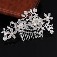 Bridal Decorative Hair Comb, Zinc Alloy, with ABS Plastic Pearl, Flower, silver color plated, for bridal & with rhinestone, lead & cadmium free, 100mm 